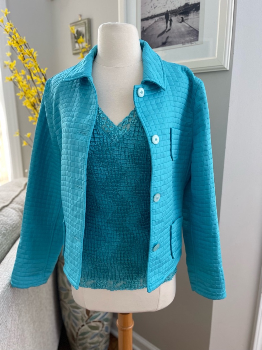 Vintage Turquoise 2 Piece Set Textured Jacket Top Women Size Medium